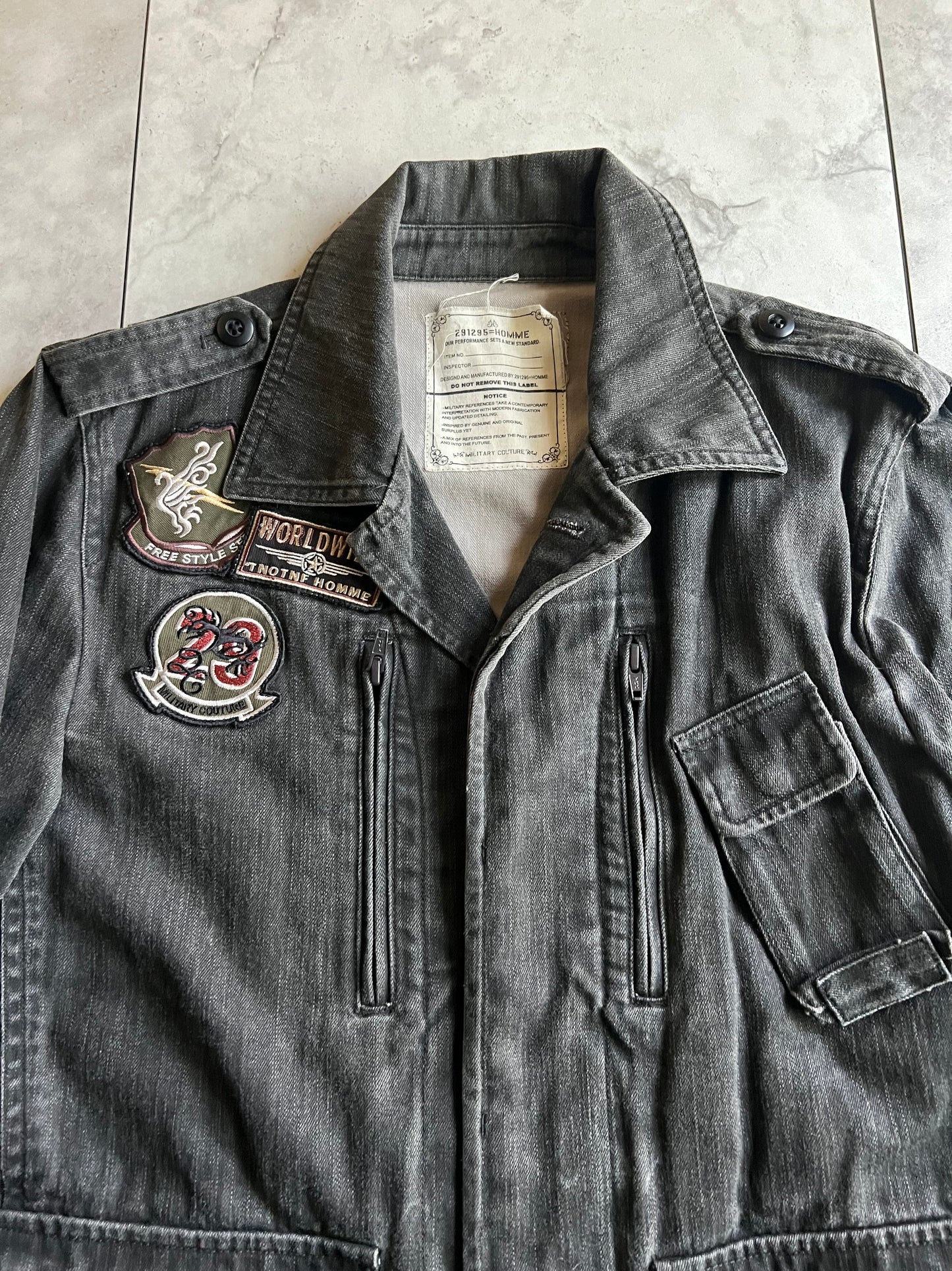 291295 Homme Embroidery Patch Military Double Zip Denim Jacket