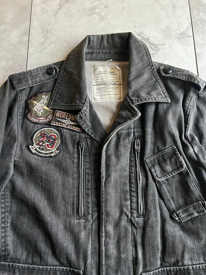 291295 Homme Embroidery Patch Military Double Zip Denim Jacket