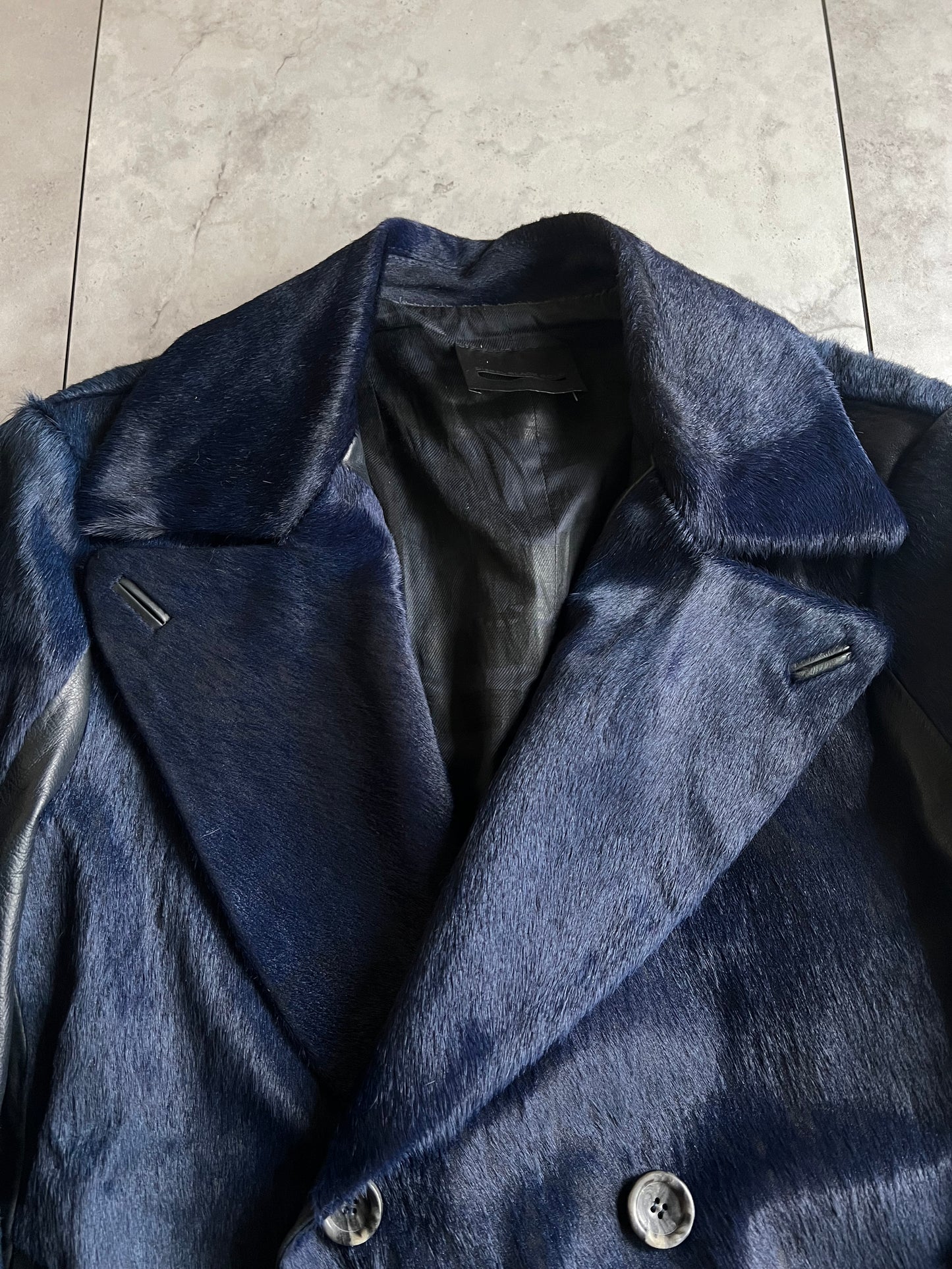 Diesel Black Gold Blue Pony Hair Pea Coat Leather Jacket