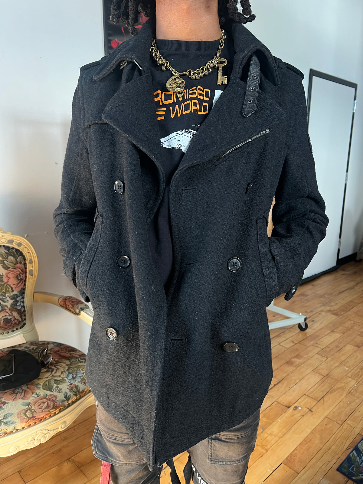 Diesel Leather Accent Pea Coat