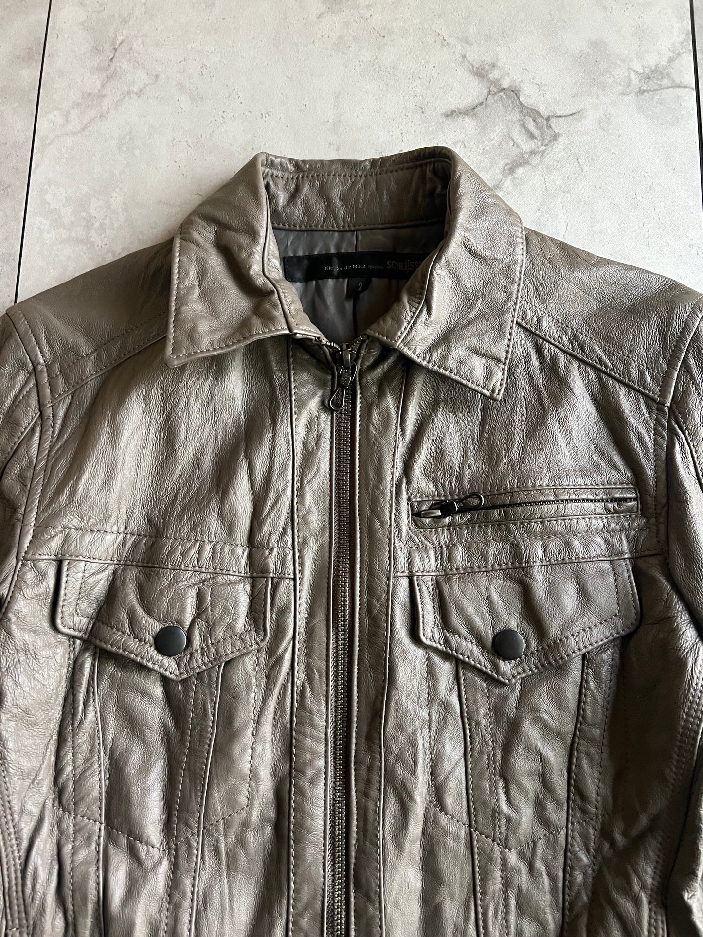 Schlussel Grey Single Zip Western Leather Jacket