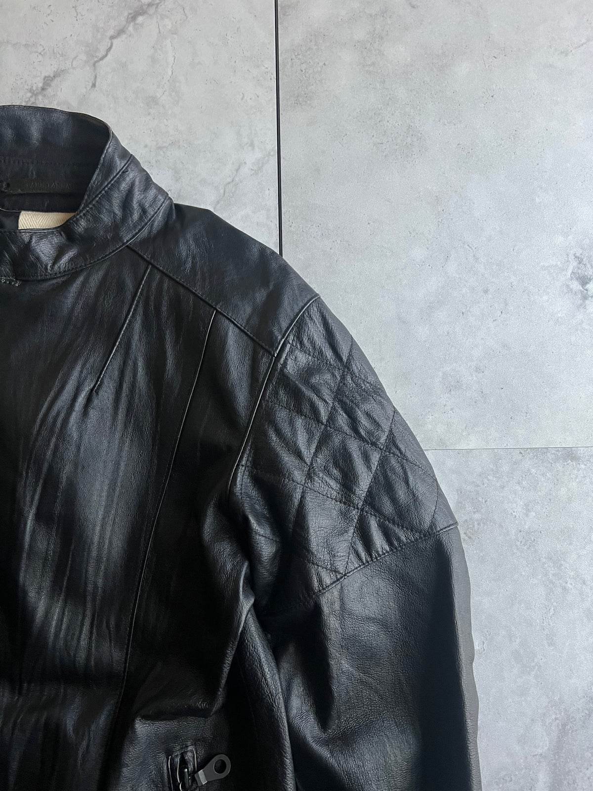 Bark Tannage Leather Quilted Biker Jacket