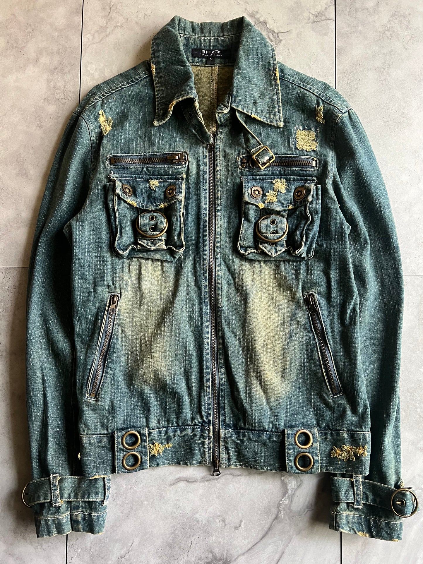 In The Attic Mudwash Distressed Zip-Up Belted Denim Jacket