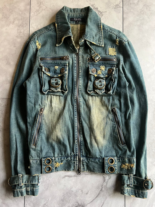In The Attic Mudwash Distressed Zip-Up Belted Denim Jacket