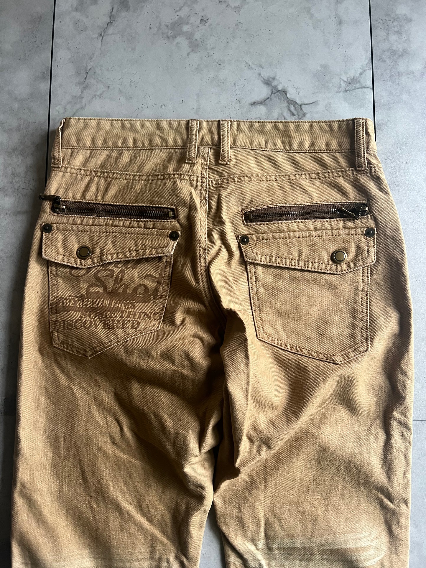 Semantic Design Zipper Pocket Printed Whisker Wash Pants