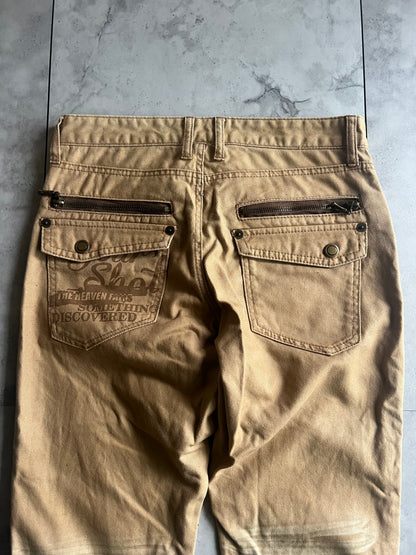 Semantic Design Zipper Pocket Printed Whisker Wash Pants