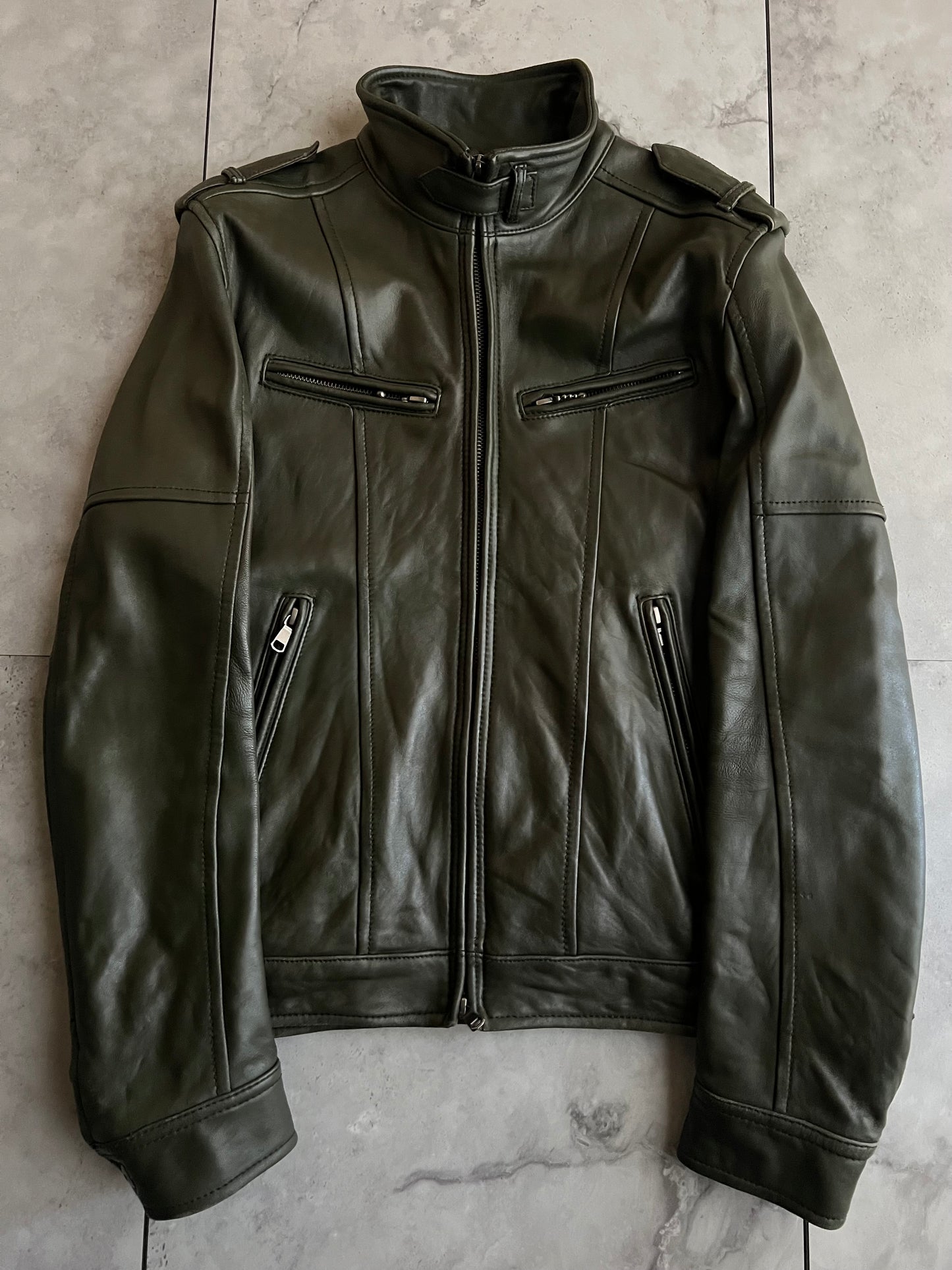 Setting Cracks Olive Military Leather Jacket