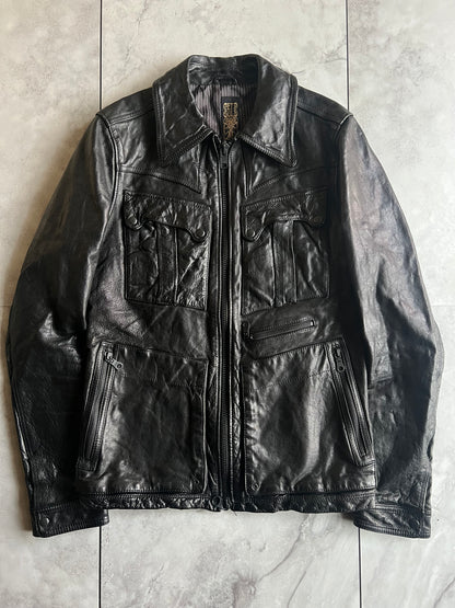 Gold Geld Cowhide Grain T-Pocket Zipper Leather Jacket