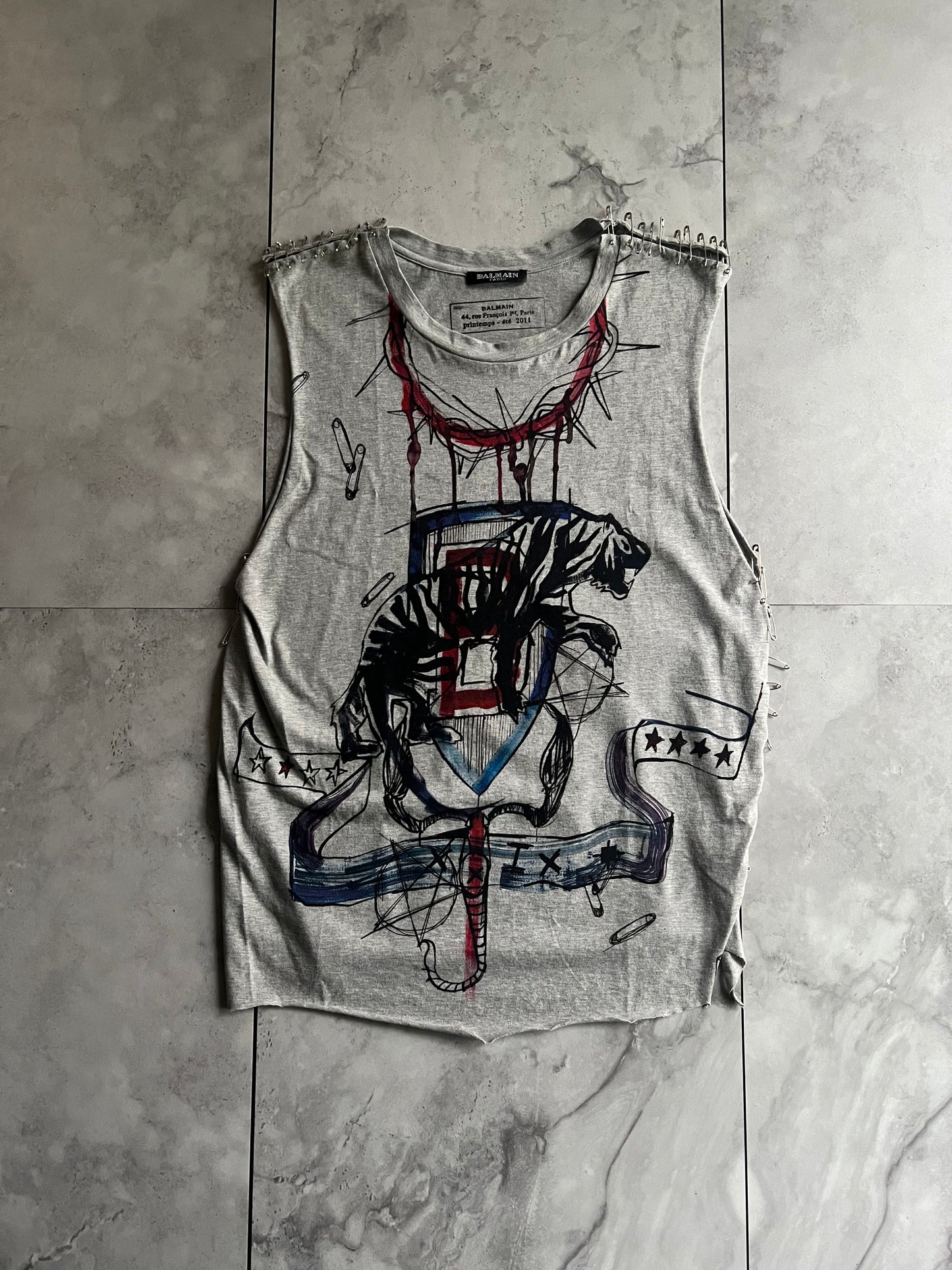 Balmain S/S11 Safety Pin Graffiti Tank Top