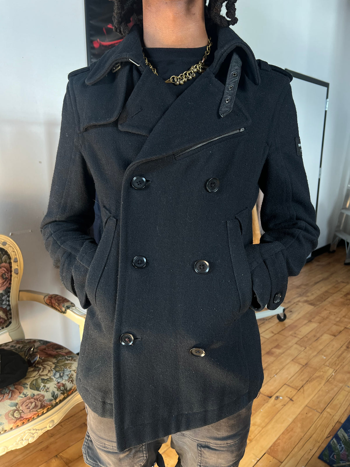 Diesel Leather Accent Pea Coat