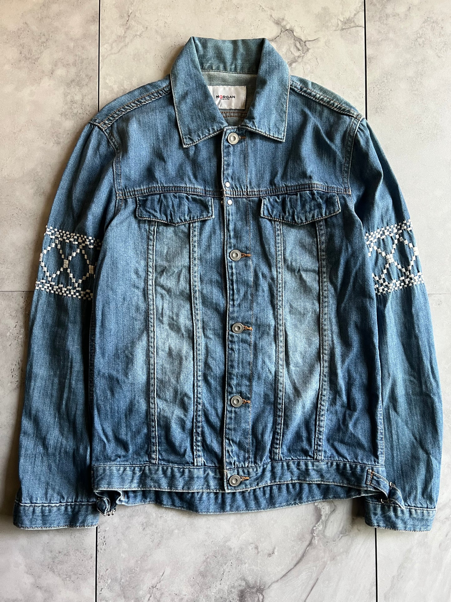 Morgan Homme Tribal Embroidered Sleeve Denim Shirt