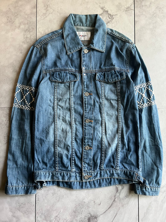 Morgan Homme Tribal Embroidered Sleeve Denim Shirt