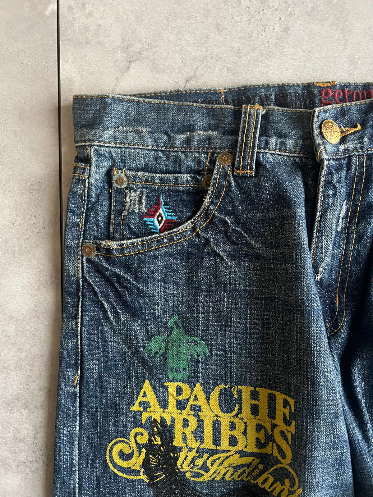 Geronimo Printed Distressed Embroidery “Native” Denim