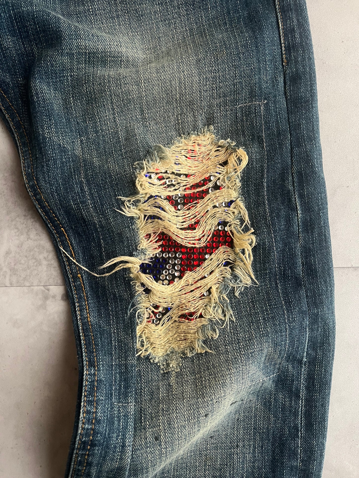 Rattle Trap Studded Union Jack Knee Distressed Denim