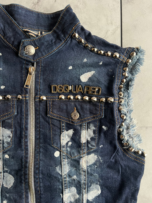 Dsquared Studded Paint Splatter Denim Zip-Up Vest