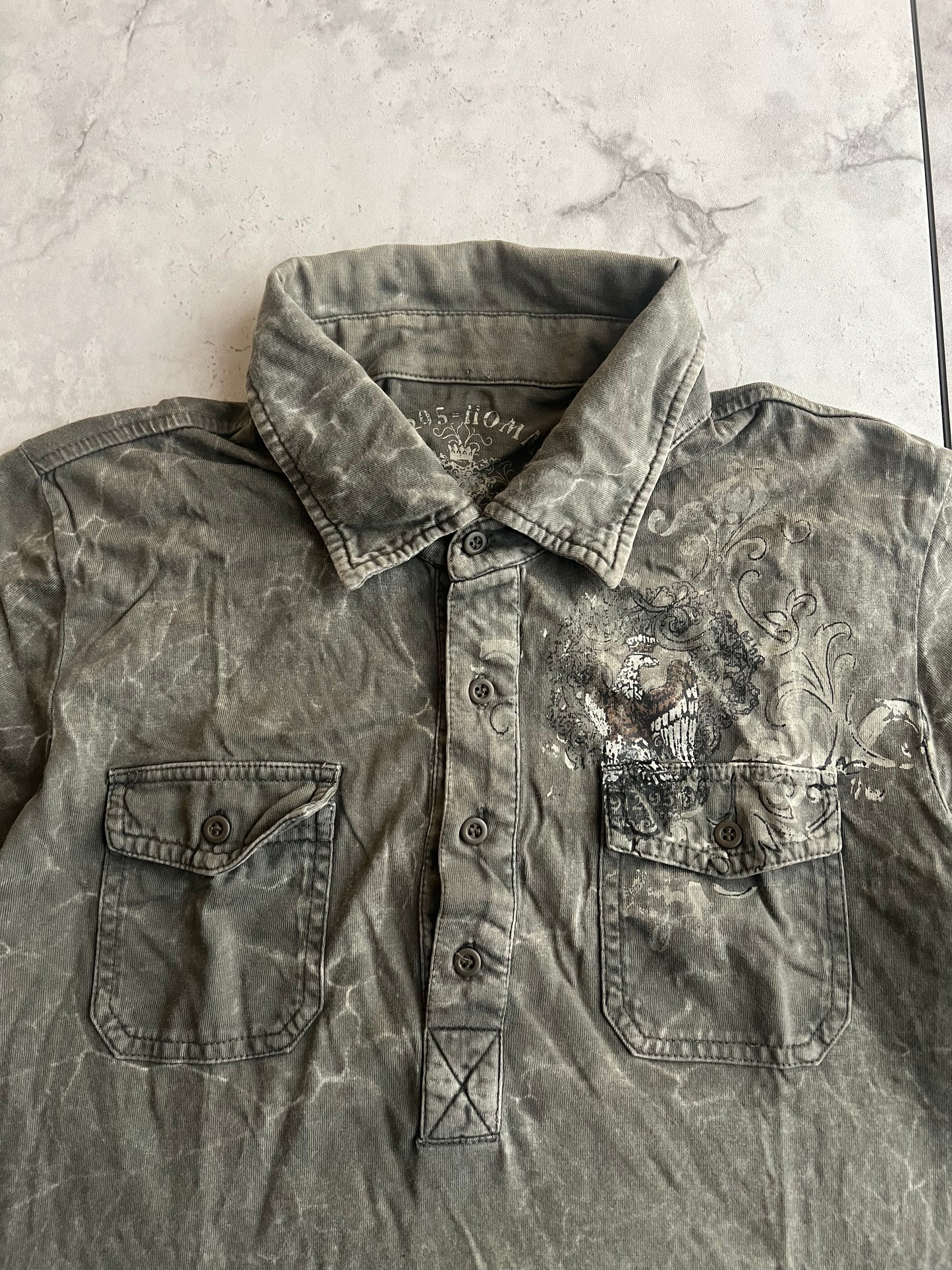 291295 Homme “Transformation” Stone Wash Button Up Polo Tee