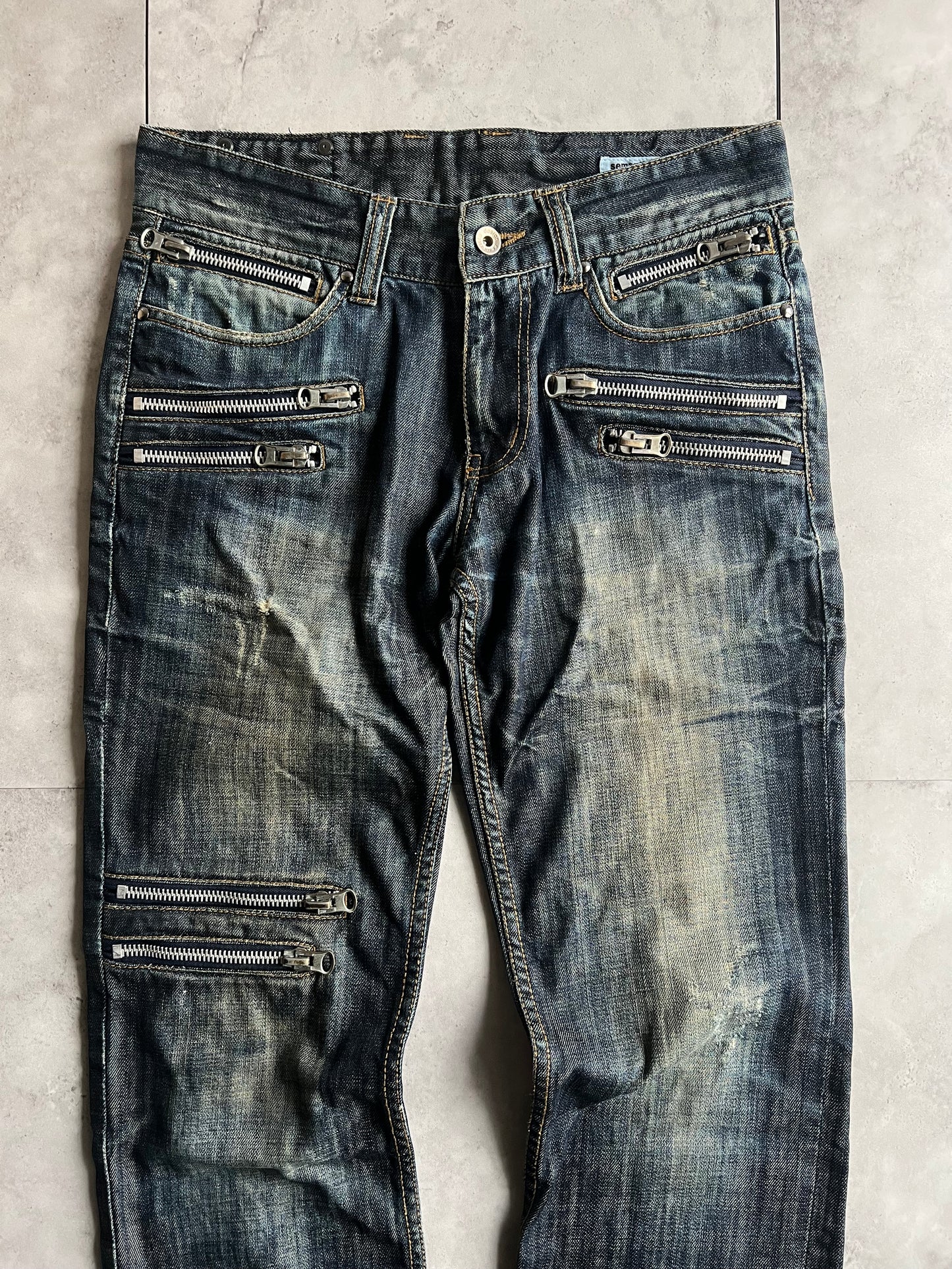 Semantic Design Zipper Pocket Acid Wash Jeans