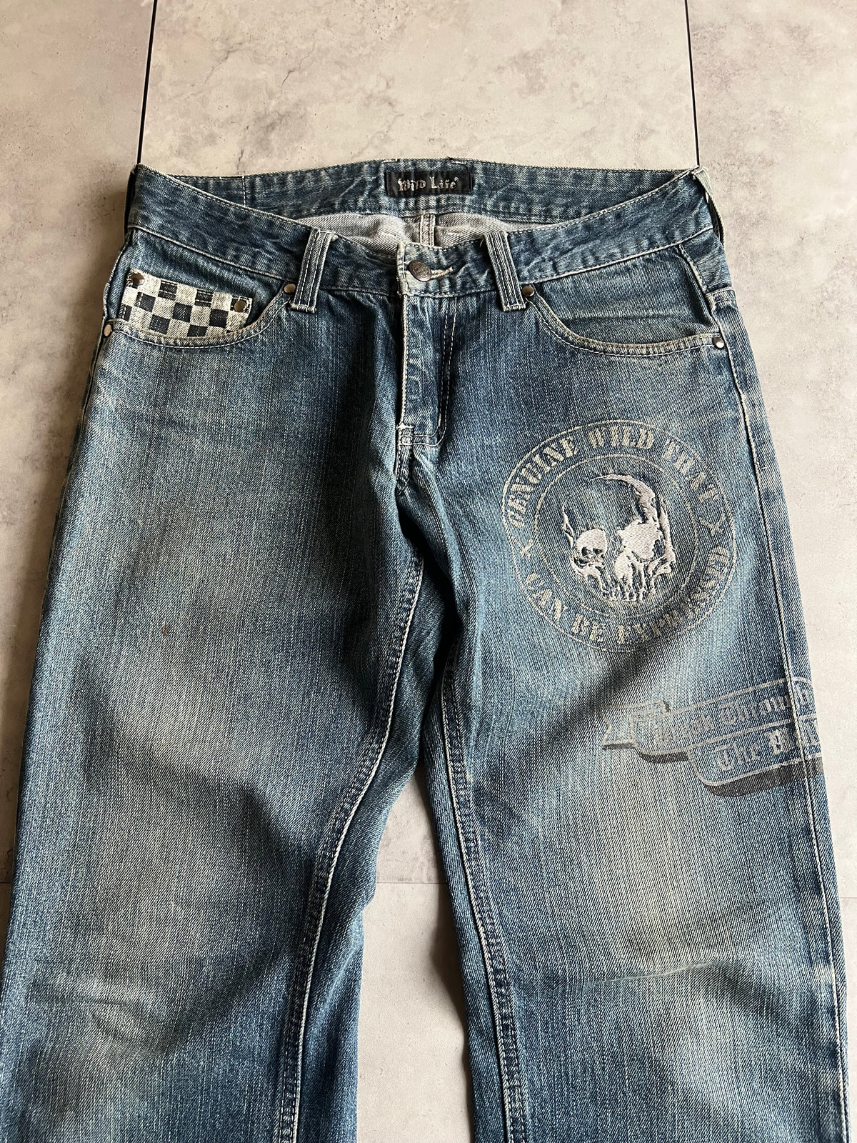 Wild Life Light Wash Checkered Pocket Racer Denim
