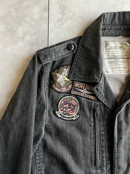 291295 Homme Embroidery Patch Military Double Zip Denim Jacket