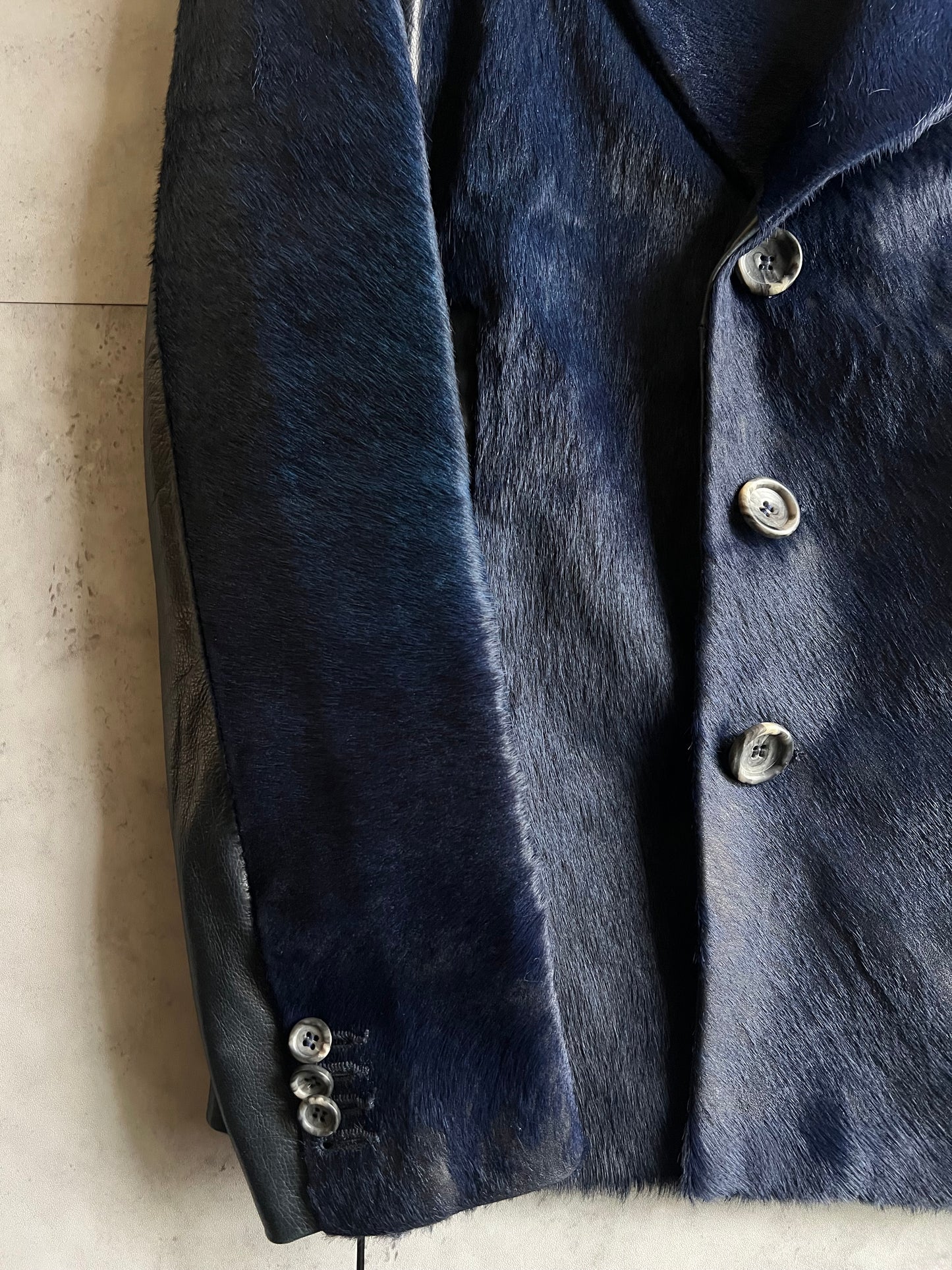 Diesel Black Gold Blue Pony Hair Pea Coat Leather Jacket