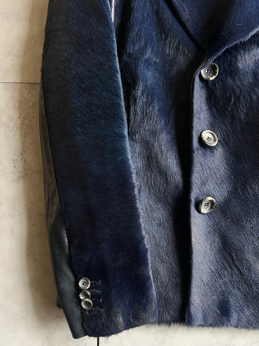 Diesel Black Gold Blue Pony Hair Pea Coat Leather Jacket