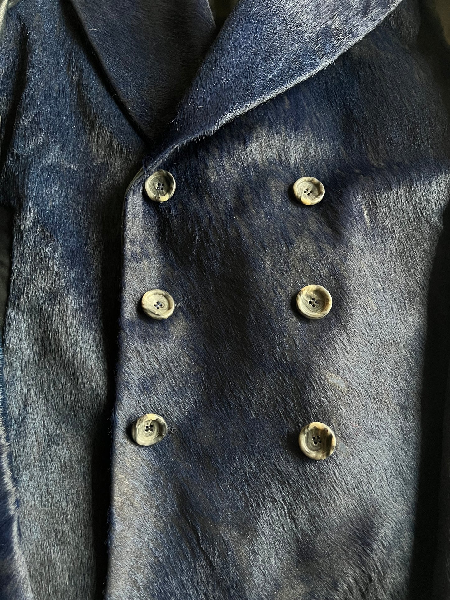 Diesel Black Gold Blue Pony Hair Pea Coat Leather Jacket