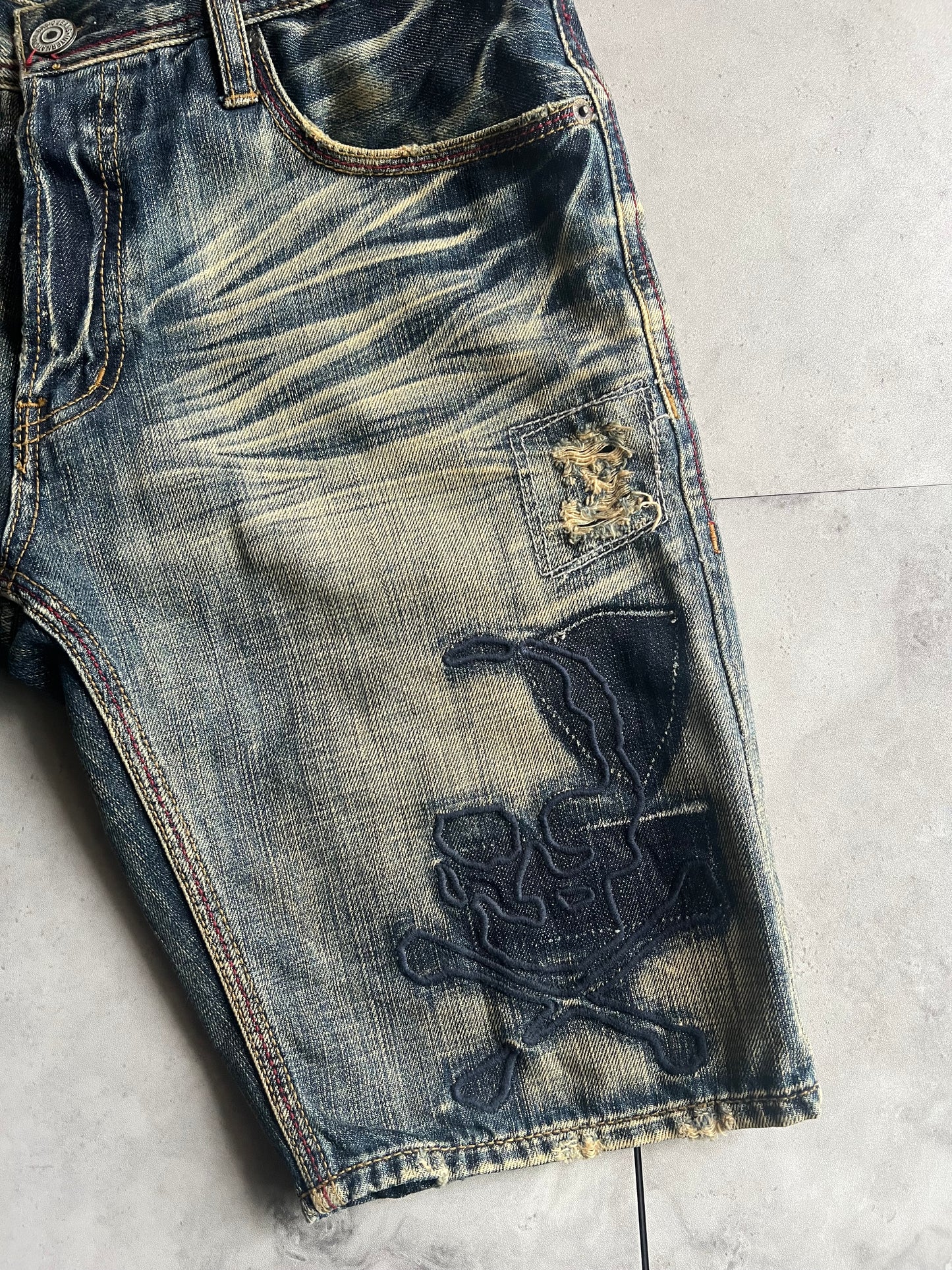 Edge Rupert Skull Embroidered Whisker Wash Shorts