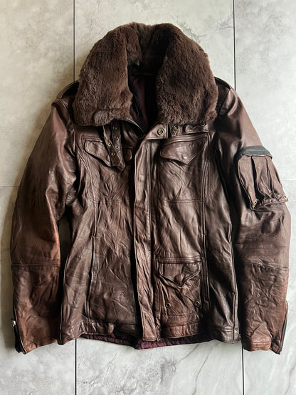 Kyoji Maruyama Fur Collar Wrinkled Leather Aviator Jacket