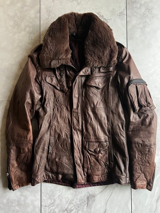 Kyoji Maruyama Fur Collar Wrinkled Leather Aviator Jacket