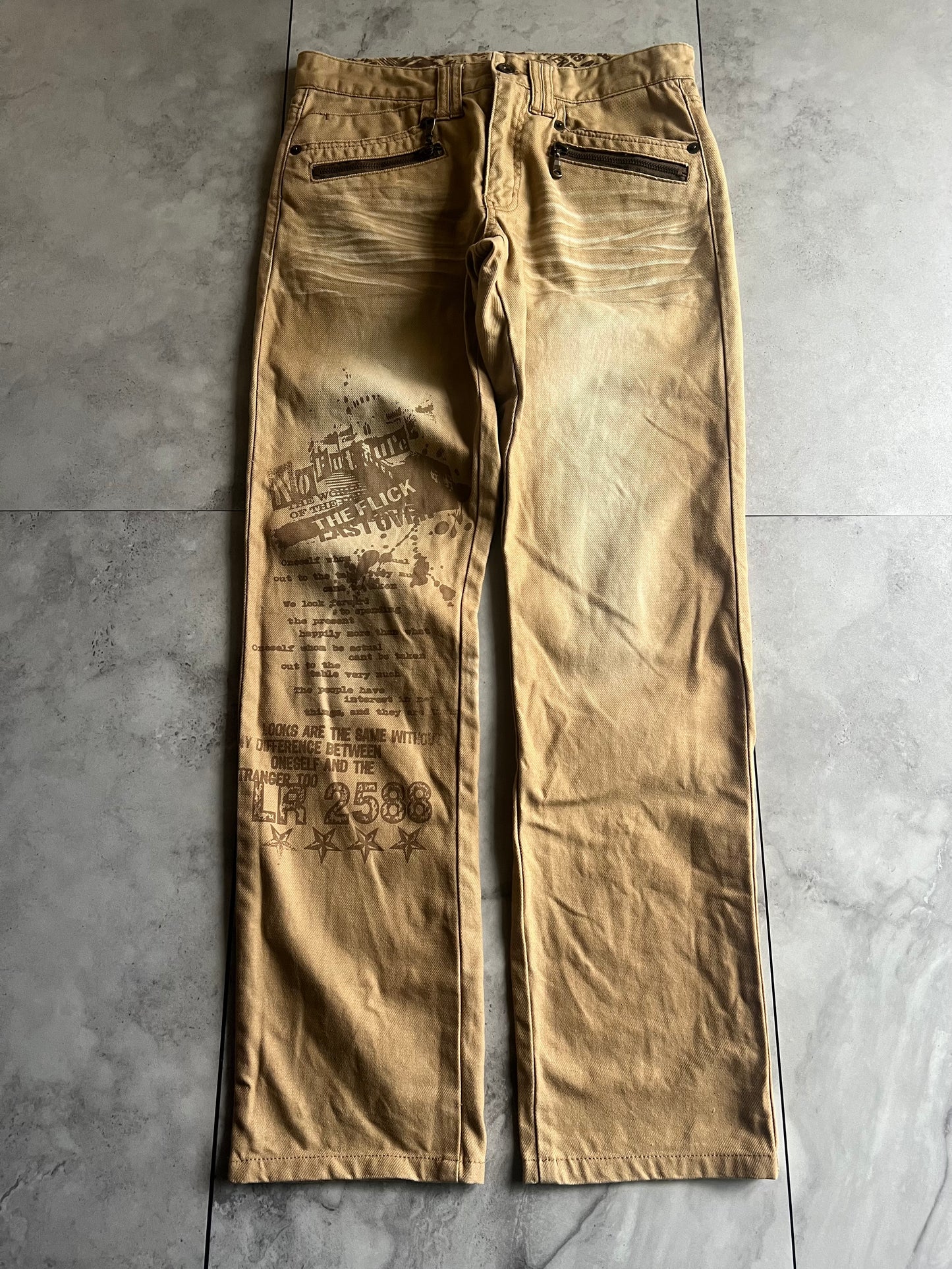 Semantic Design Zipper Pocket Printed Whisker Wash Pants