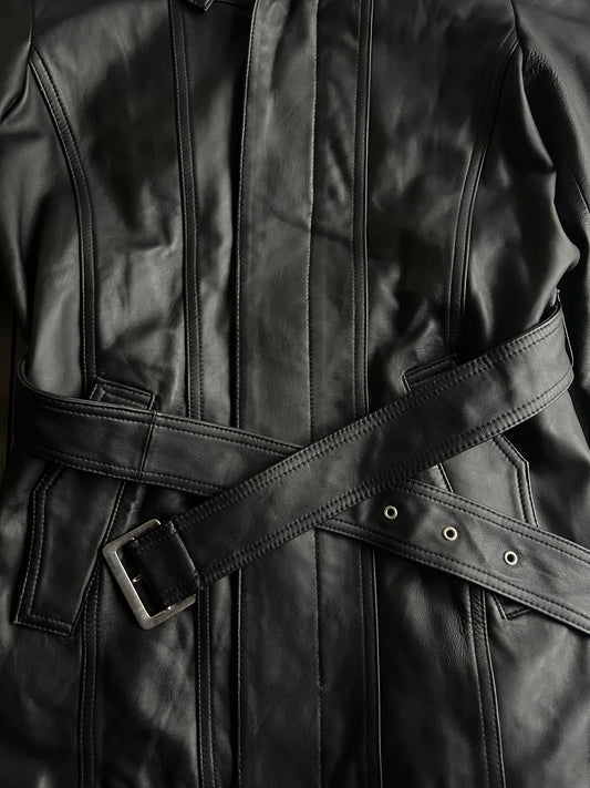 Tak-Q Rabbit Fur Collar Sheepskin Leather Belted Trench Coat