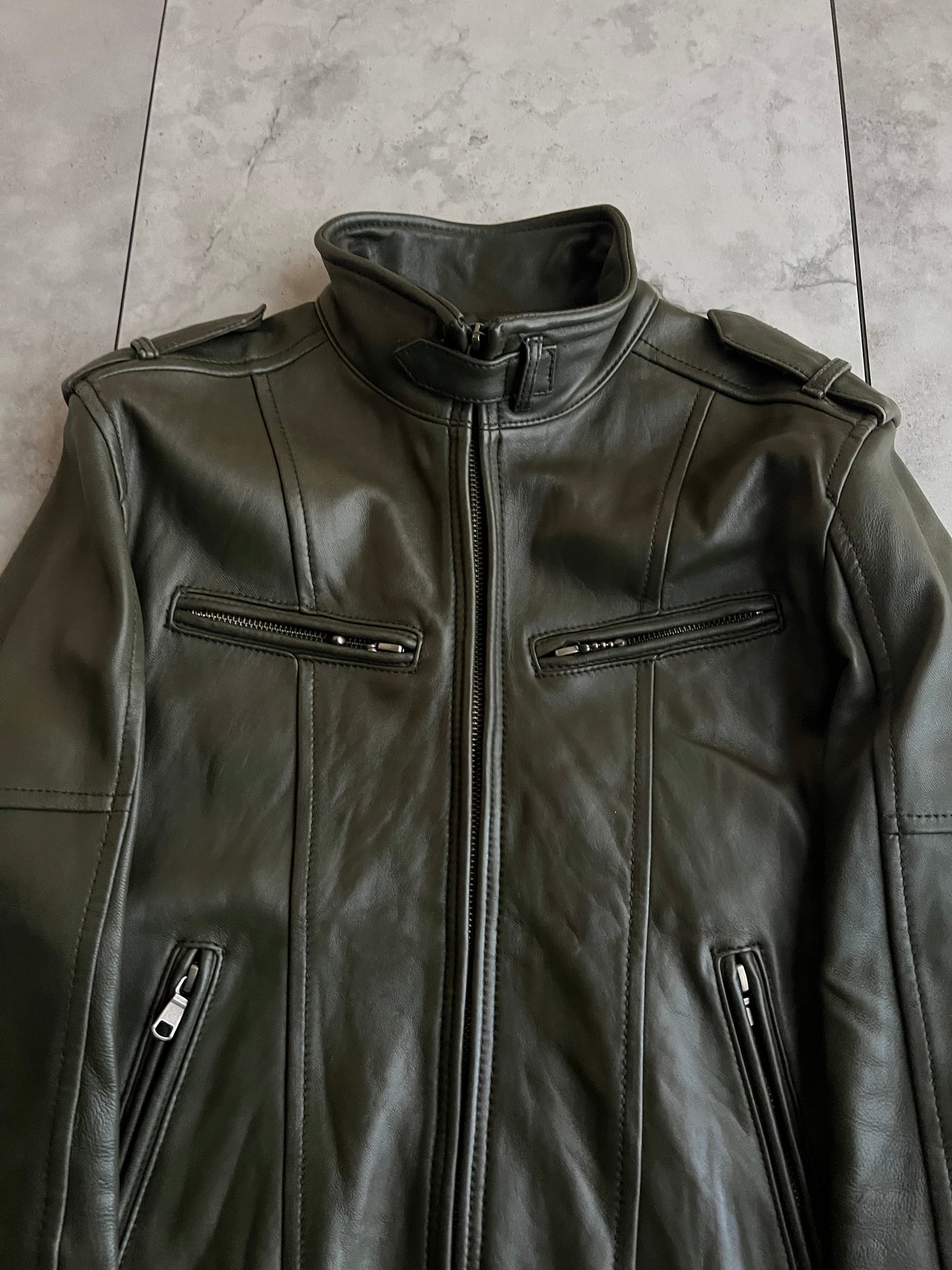 Setting Cracks Olive Military Leather Jacket