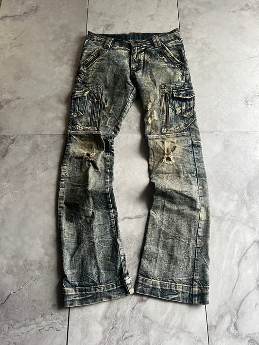 Semantic Design Heavy Acid Wash Distressed Zip Denim