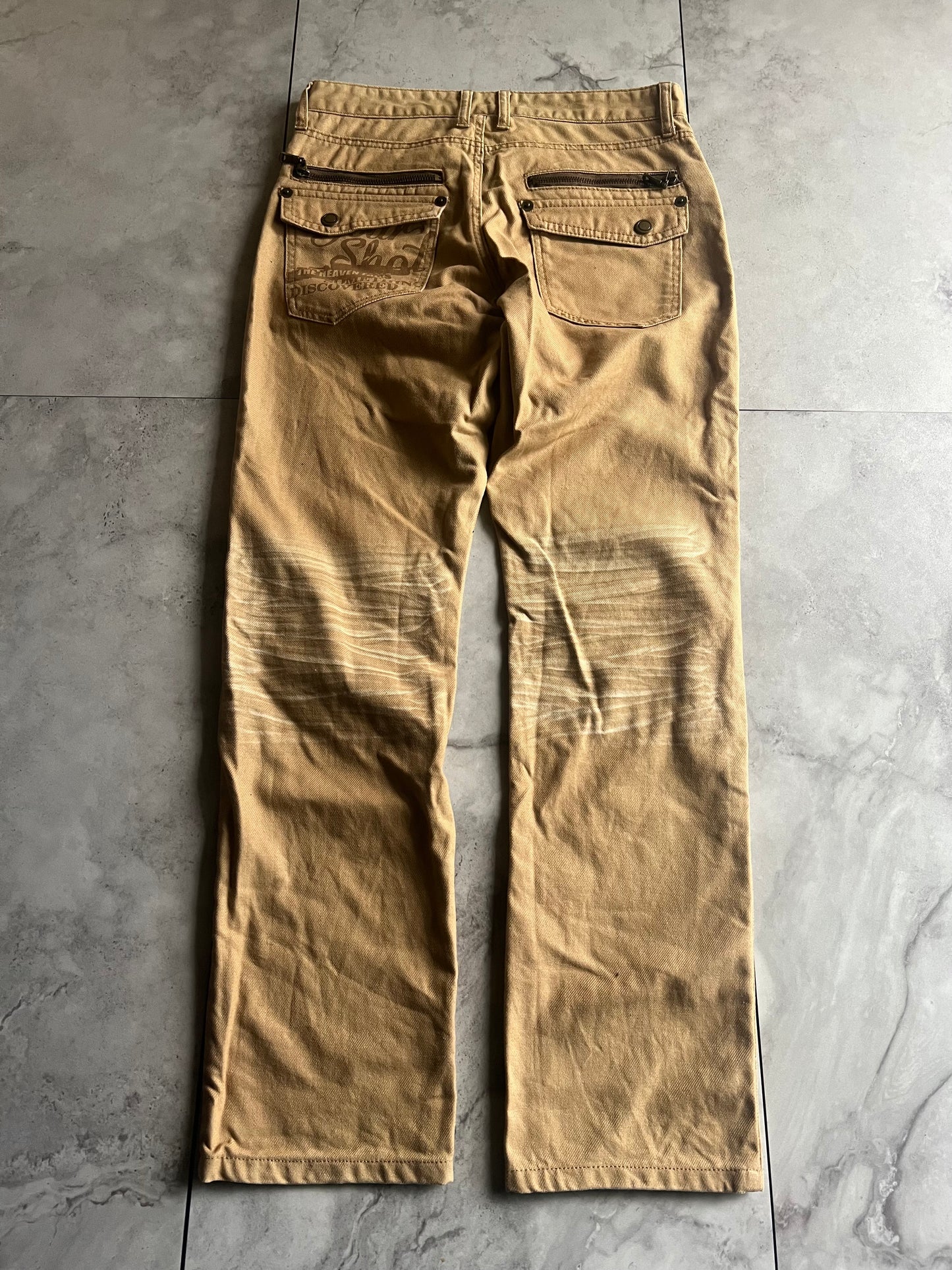 Semantic Design Zipper Pocket Printed Whisker Wash Pants