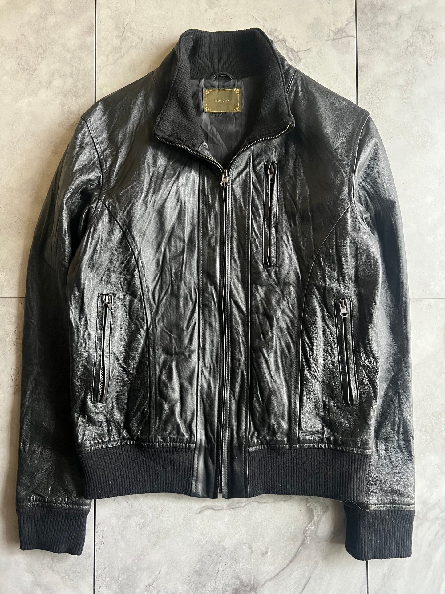 291295 Ribbed Collar Wrinkled Leather Jacket