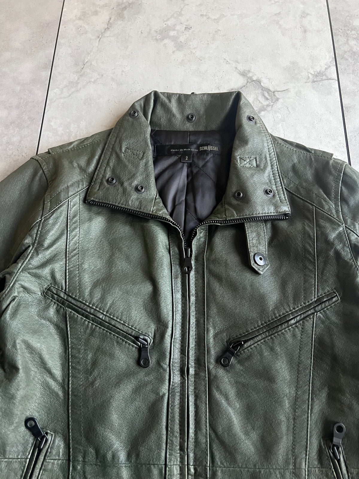 Shellac Green Snap Leather Zip-Up Jacket