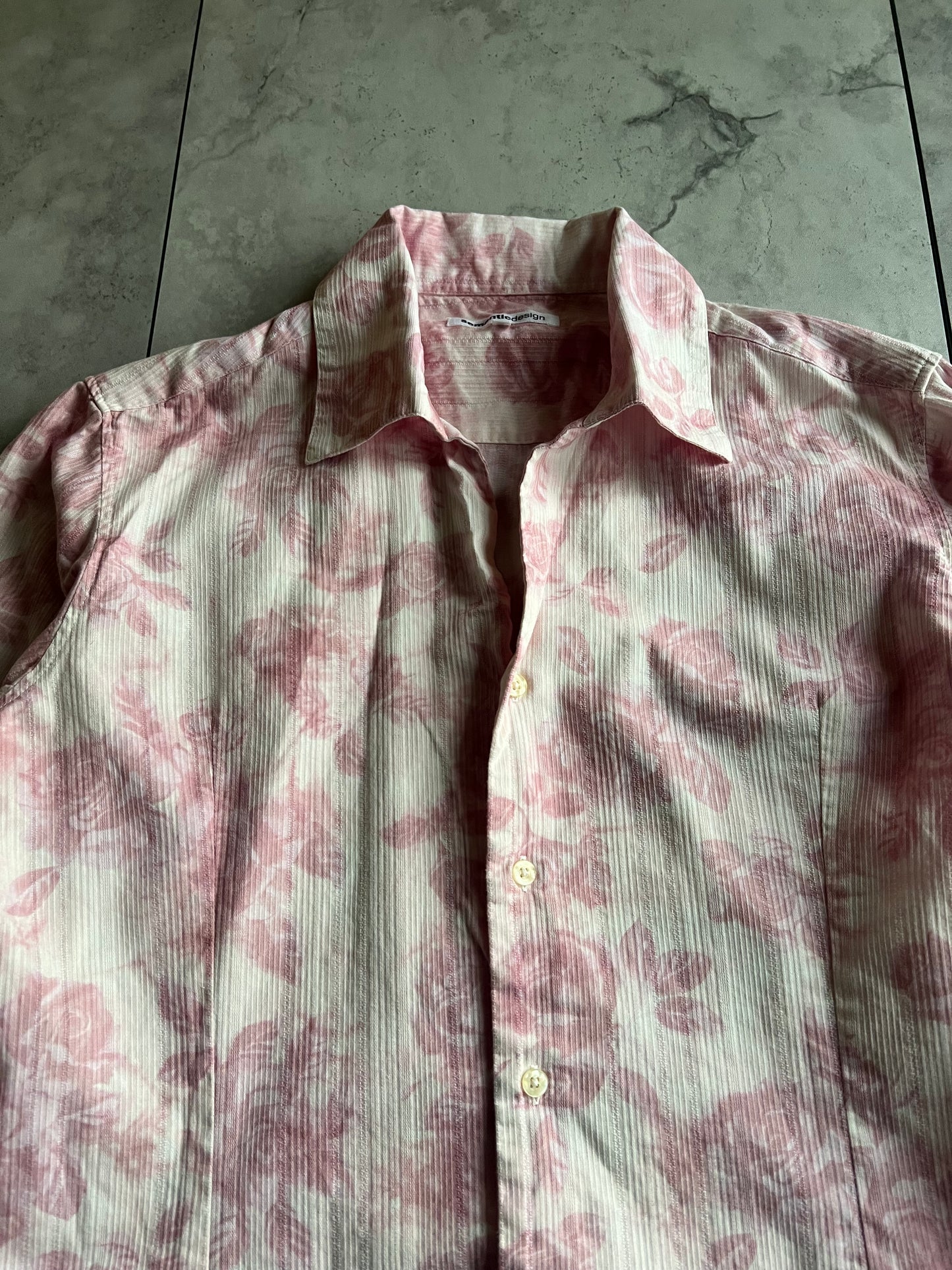 Semantic Design Pink Floral Open Collar Button-Up Shirt