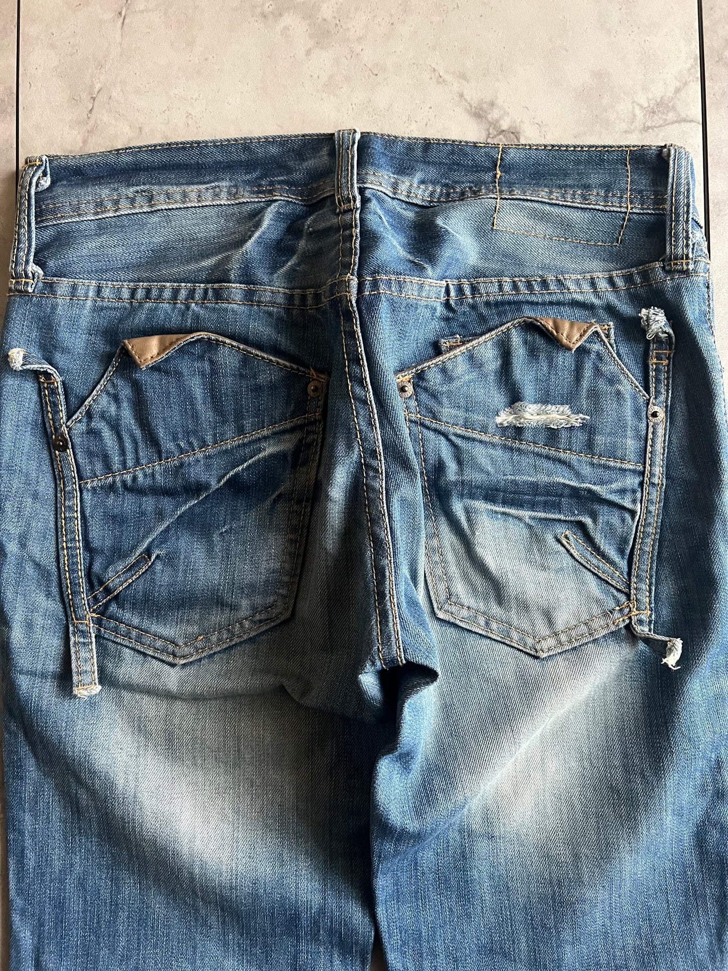 Edge Rupert Leather Pocket Repair Light Wash Denim