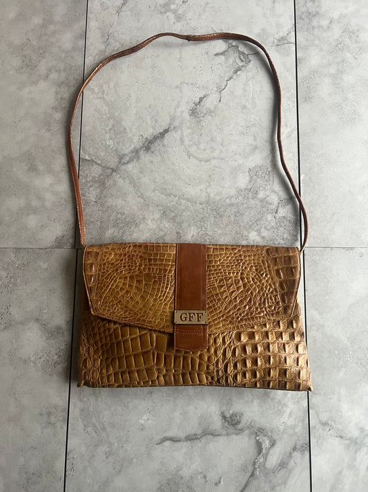 Gianfranco Ferre Leather Croc Embossed Crossbody Messenger Bag