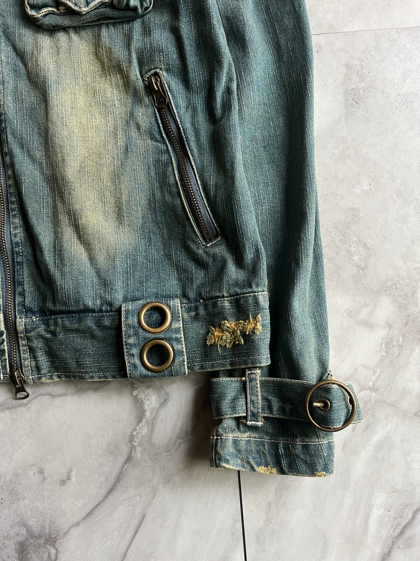 In The Attic Mudwash Distressed Zip-Up Belted Denim Jacket