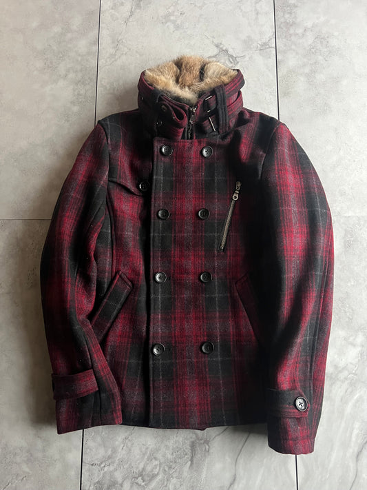 Rattle Trap Rabbit fur Collar Tartan Pea Coat
