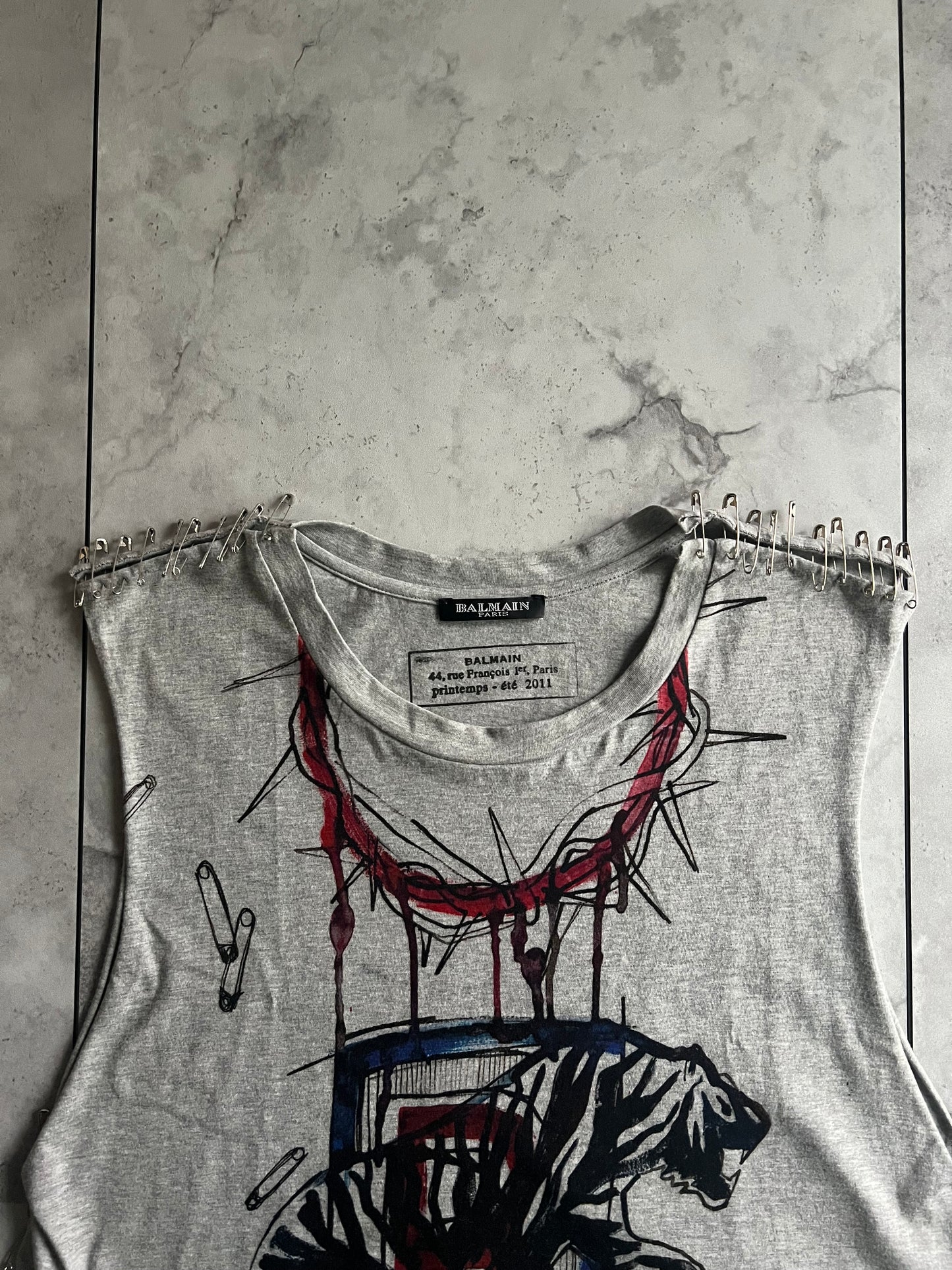 Balmain S/S11 Safety Pin Graffiti Tank Top