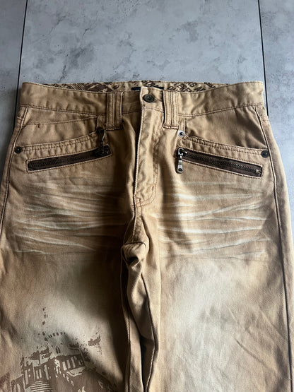 Semantic Design Zipper Pocket Printed Whisker Wash Pants