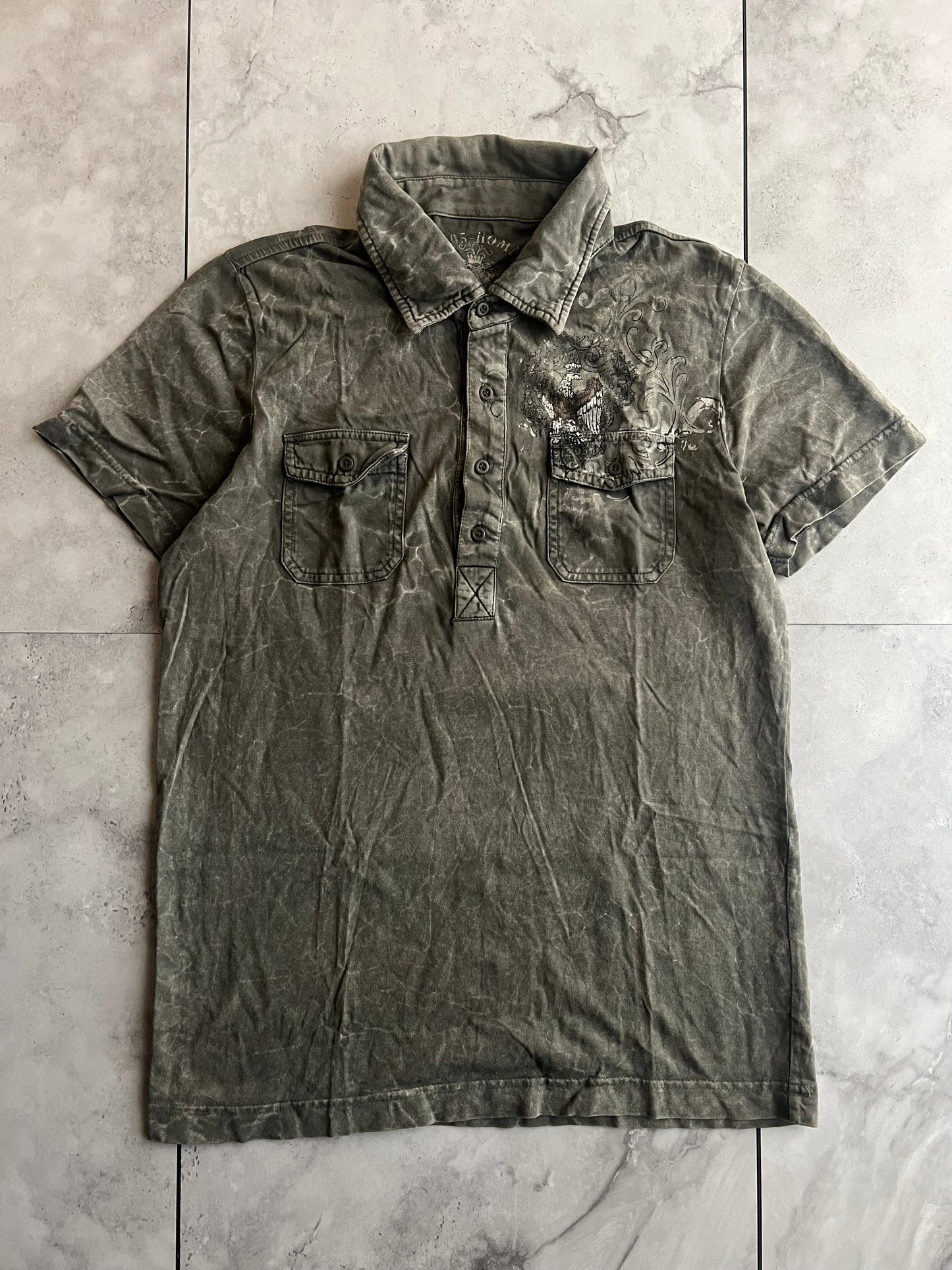 291295 Homme “Transformation” Stone Wash Button Up Polo Tee