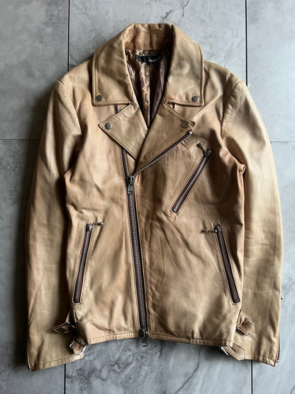 Varosh Leopard Lined Beige Leather Rider Jacket