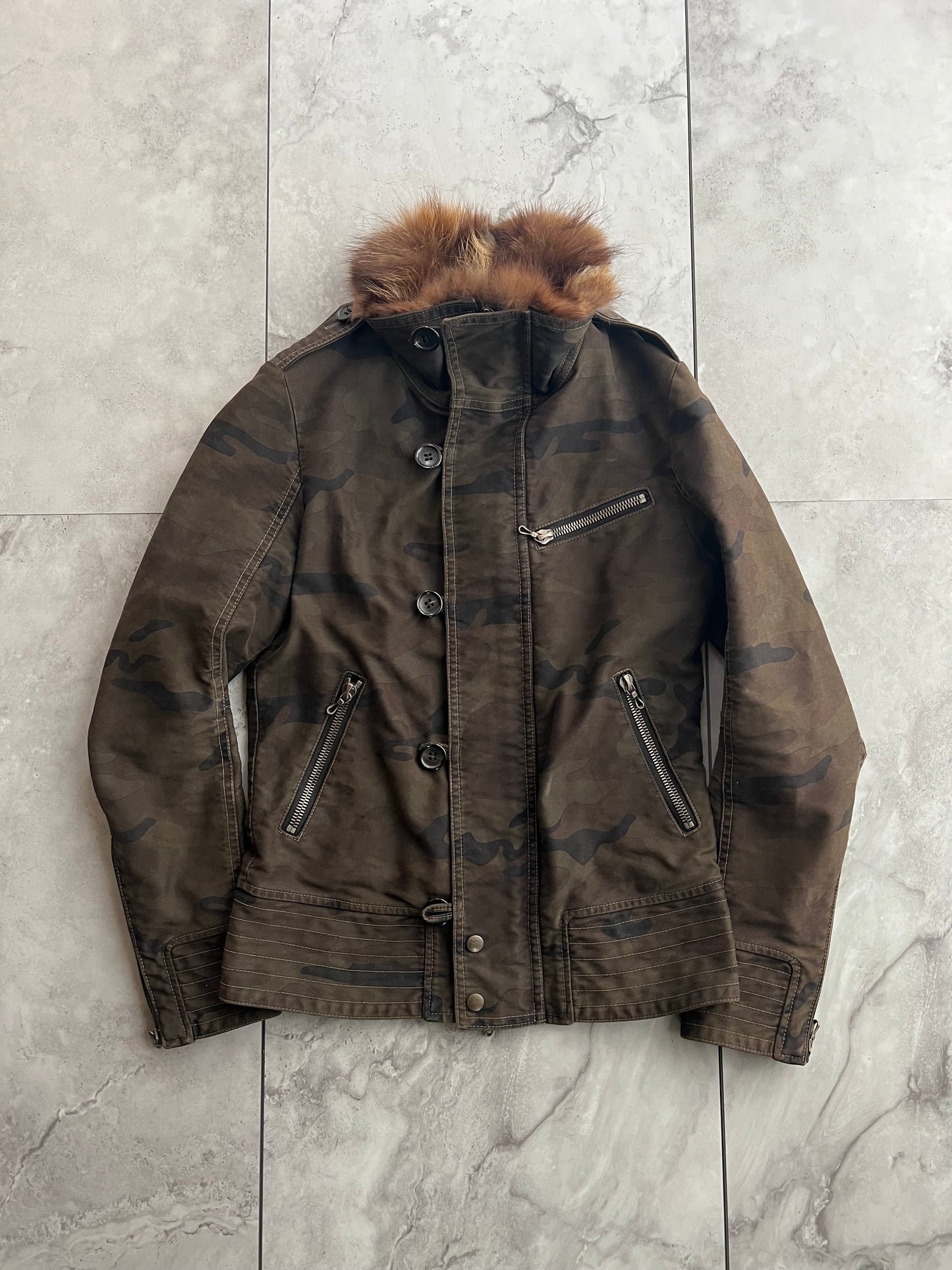 Shellac Fur Collar Camo Military Jacket