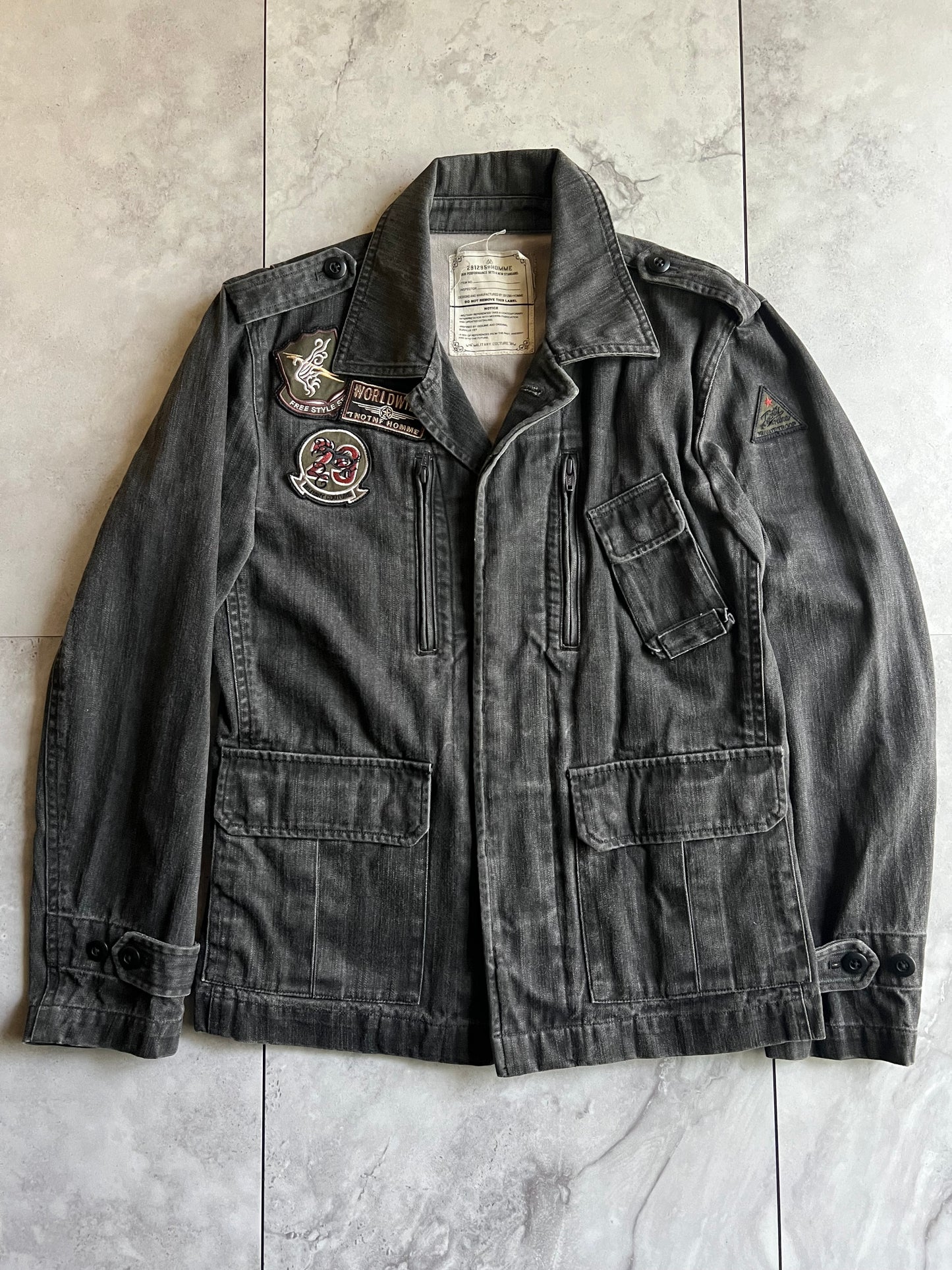 291295 Homme Embroidery Patch Military Double Zip Denim Jacket