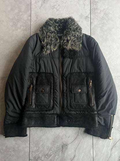 FW2008 Dolce & Gabbana Kalgan Faux Fur Collar Leather Trim Jacket