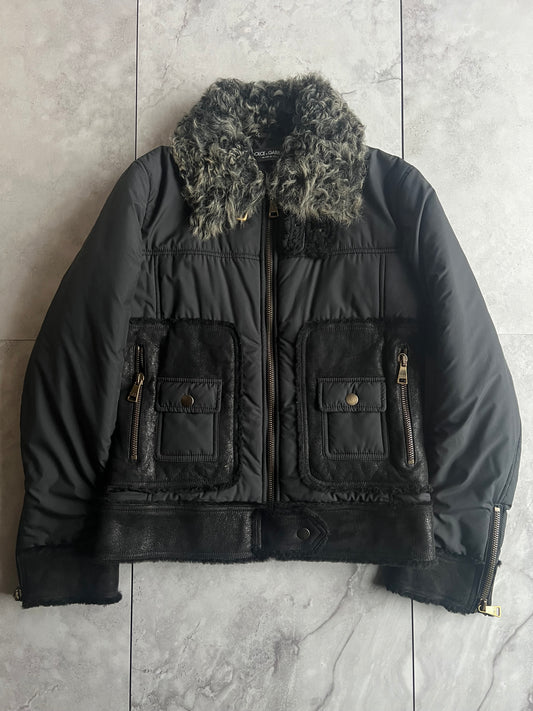 FW2008 Dolce & Gabbana Kalgan Faux Fur Collar Leather Trim Jacket