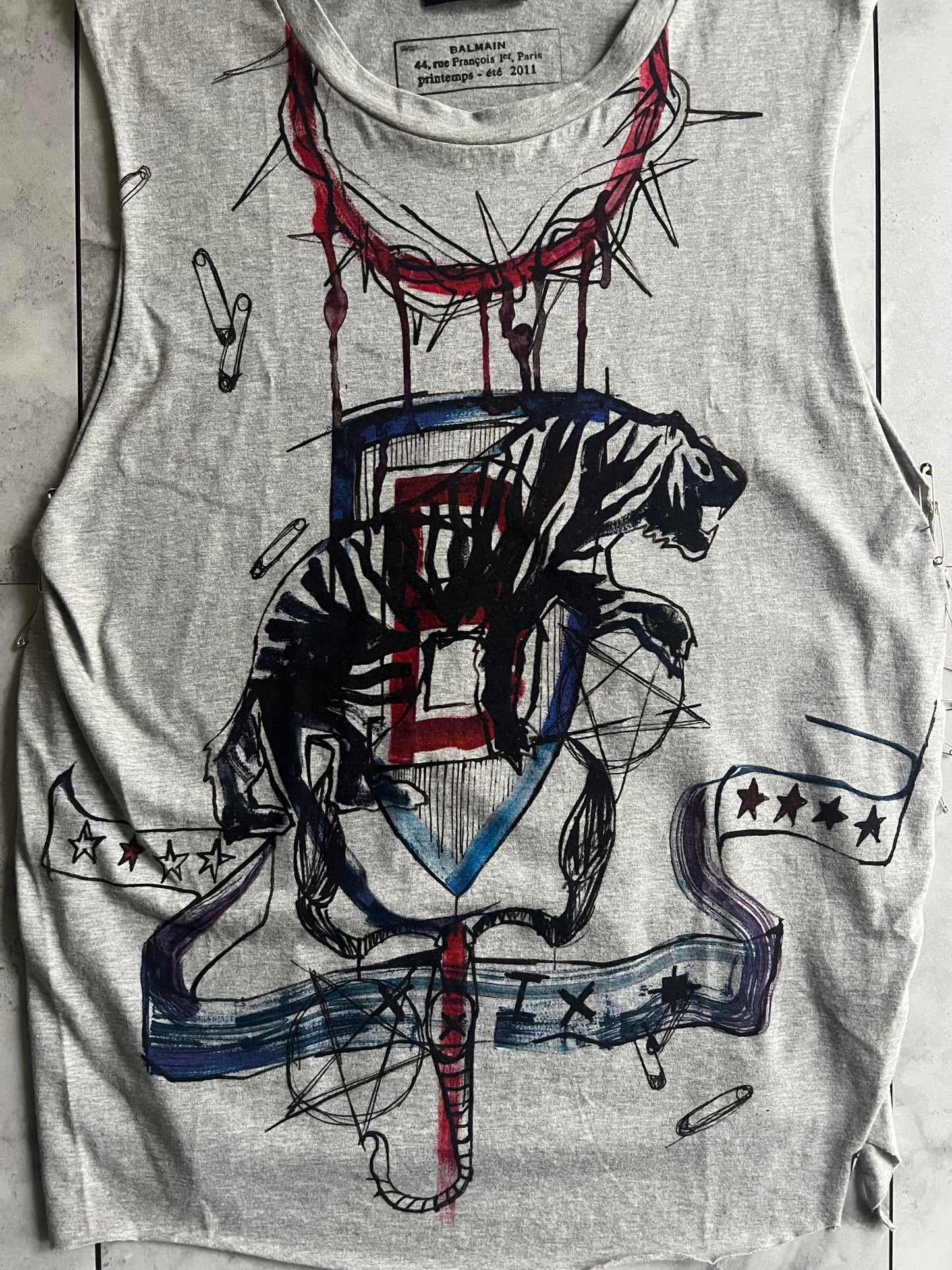 Balmain S/S11 Safety Pin Graffiti Tank Top